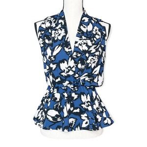 Jessy B for ModCloth Floral Wrap Surplice Peplum Top Blouse Navy Blue White XS